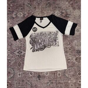 Harley-Davidson Womens Raglan V-Neck Graphic T-Shirt Rhinestone White Gray Large
